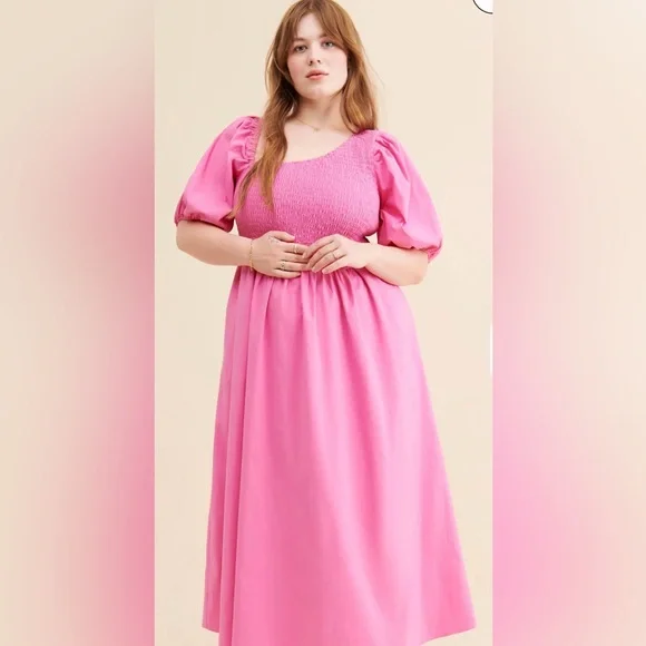 Eloquii Vibrant Barbie Pink Smocked Asymmetric Neck Maxi Dress - Picture 4 of 16